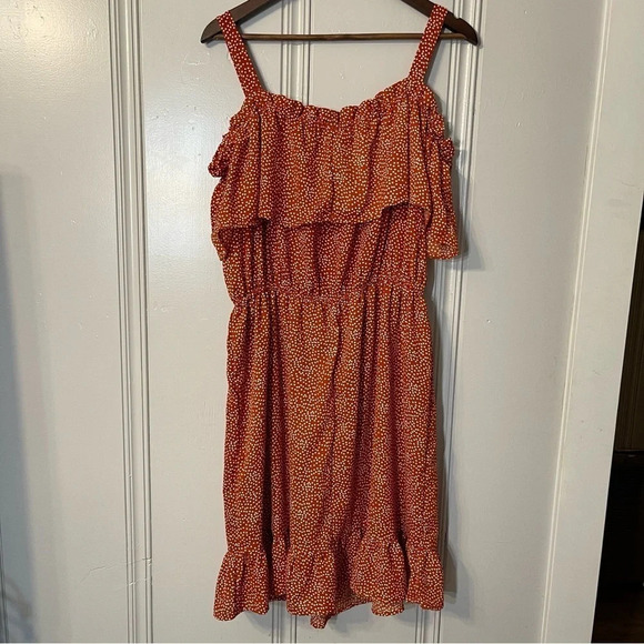 Liberty Love Burnt Orange Polka Dot Ruffled Off The Shoulder Midi knee Dress 2XL - Picture 8 of 9